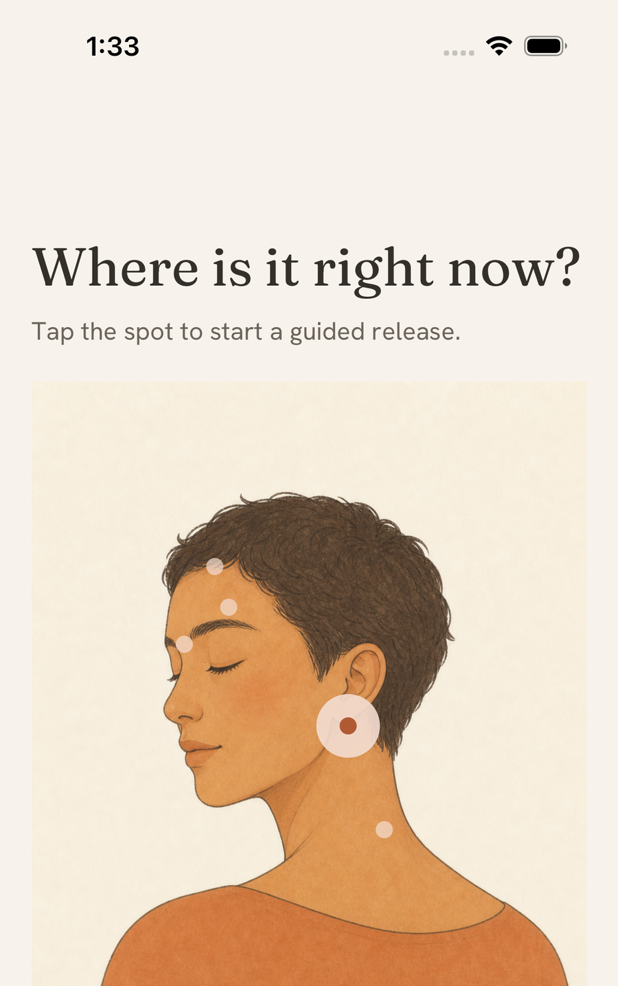 Subside — the &lsquo;Where is it right now?&rsquo; screen, with the head-and-neck map you tap to start a guided release